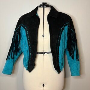 Vintage Black PIONEER Black and Teal Leather Fringe Jacket
